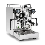 A sleek, polished stainless steel ECM Mechanika Slim PID espresso machine, showcasing its compact size and gauges