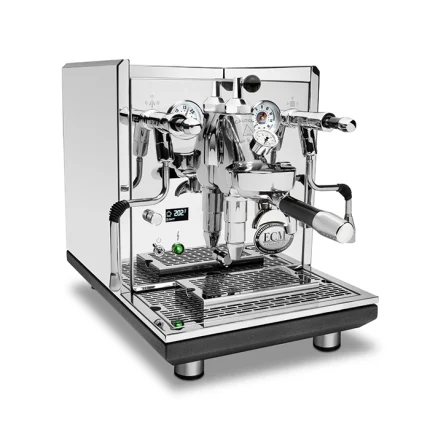 A sleek, polished stainless steel Espresso Machine ECM Synchronika II, showcasing its dual pressure gauges and E61 group head