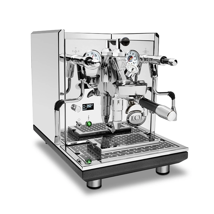 A sleek, polished stainless steel Espresso Machine ECM Synchronika II, showcasing its dual pressure gauges and E61 group head