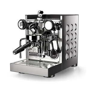 A sleek, white Rocket Espresso Appartamento TCA, showcasing its streamlined panels and angular E61 group