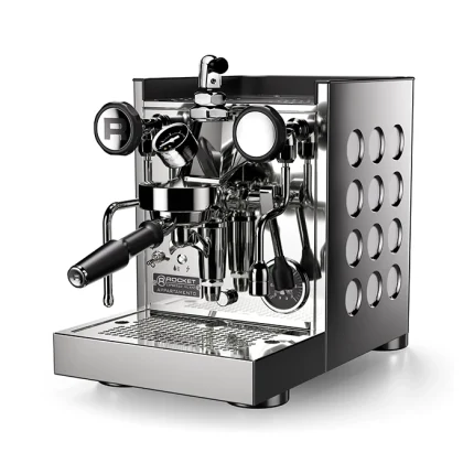 A sleek, white Rocket Espresso Appartamento TCA, showcasing its streamlined panels and angular E61 group