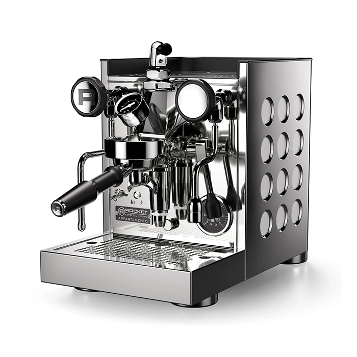 A sleek, white Rocket Espresso Appartamento TCA, showcasing its streamlined panels and angular E61 group