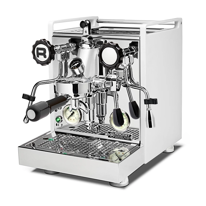 A sophisticated Rocket Espresso Mozzafiato Cronometro V White espresso machine in a striking matte black finish with traditional flat panels