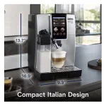 Close-up of the DeLonghi Dinamica Plus System carafe attached to the Dinamica Plus, highlighting its automatic milk frothing capability