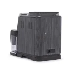 Close-up of the Gaggia Cadorna Prestige Walnut with its milk carafe locked onto the machine, ready for one-touch milk drinks