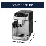 Close-up of the LatteCrema milk carafe attached to the DeLonghi Magnifica Plus, highlighting its foam adjustment