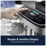 Close-up of the medium-sized milk carafe (9.5 fl oz) of the LatteCrema Hot System on the DeLonghi Magnifica Evo Next