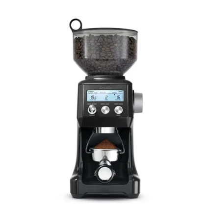 Front view of Breville BCG820BKSXL Smart Grinder Pro Black with illuminated LCD display.