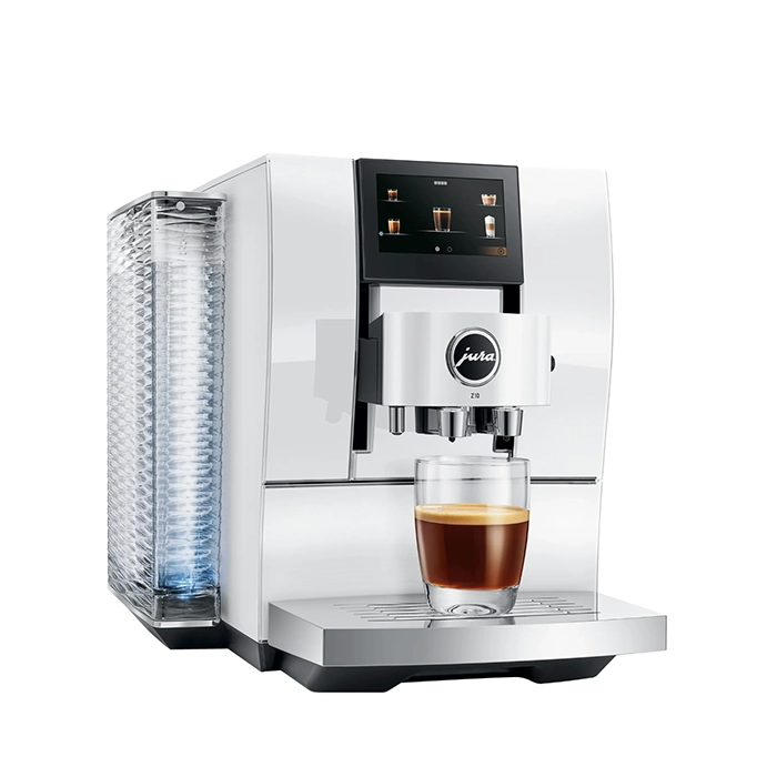 JURA Z10 Espresso Machine White: Front view of the elegant JURA Z10 automatic espresso machine in Aluminum White, showcasing its sleek design