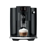 Front view of the sleek JURA E6 espresso machine black, highlighting its display and spouts