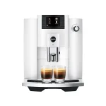 Front view of the sleek JURA E6 espresso machine white, highlighting its display and spouts