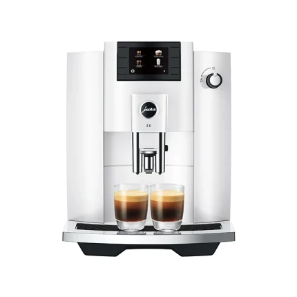 Front view of the sleek JURA E6 espresso machine white, highlighting its display and spouts