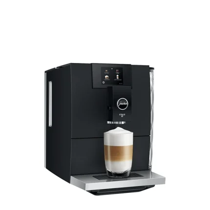 Front view of the sleek JURA ENA 8 espresso machine black, highlighting its compact size and touchscreen