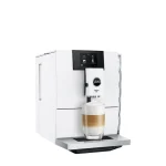Front view of the sleek JURA ENA 8 espresso machine white, highlighting its compact size and touchscreen