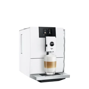 Front view of the sleek JURA ENA 8 espresso machine white, highlighting its compact size and touchscreen