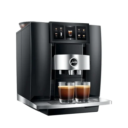 JURA GIGA 10 Espresso Machine: Front view of the JURA GIGA 10 super-automatic espresso machine, showcasing its large, vibrant touch display
