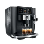 JURA J8 Espresso Machine black front view- A sleek JURA J8 espresso machine in black, displaying its large, vibrant touchscreen