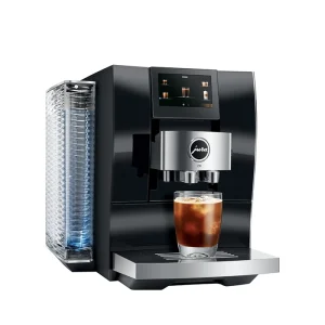 JURA Z10 Espresso Machine Black- Front view of the sleek JURA Z10 automatic espresso machine black, with its display illuminated