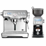 The Breville Dynamic Duo Espresso Machine bundle, showing the Dual Boiler espresso machine and Smart Grinder Pro side-by-side