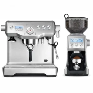 The Breville Dynamic Duo Espresso Machine bundle, showing the Dual Boiler espresso machine and Smart Grinder Pro side-by-side