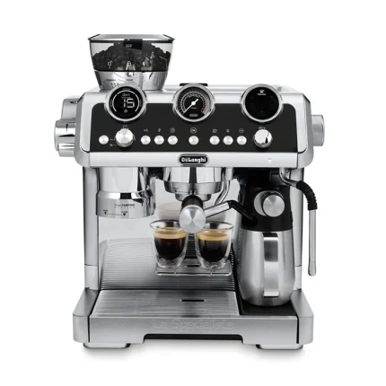 The DeLonghi La Specialista Maestro espresso machine in polished stainless steel, showcasing its built-in grinder and steam wands