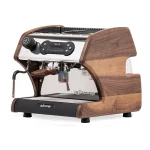 a sleek, lucca a53 direct plumb walnut espresso machine, showcasing its compact size and professional designs